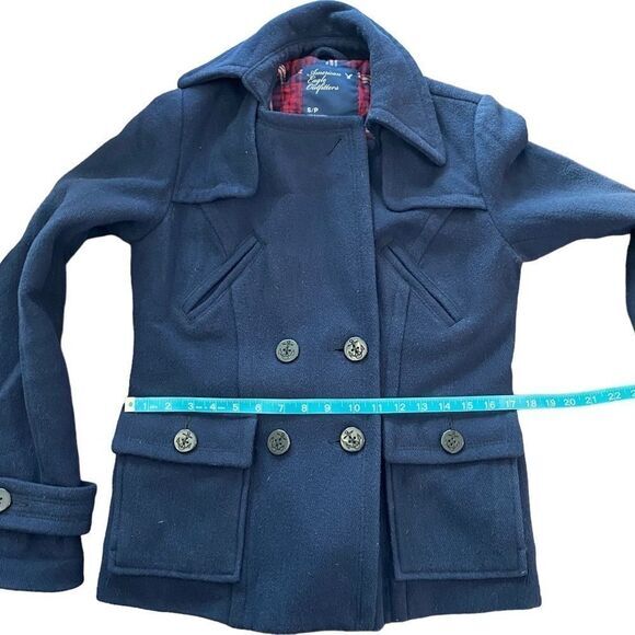 American Eagle Navy Pea Coat with Plaid Lining Warm cozy size Small - Picture 11 of 14